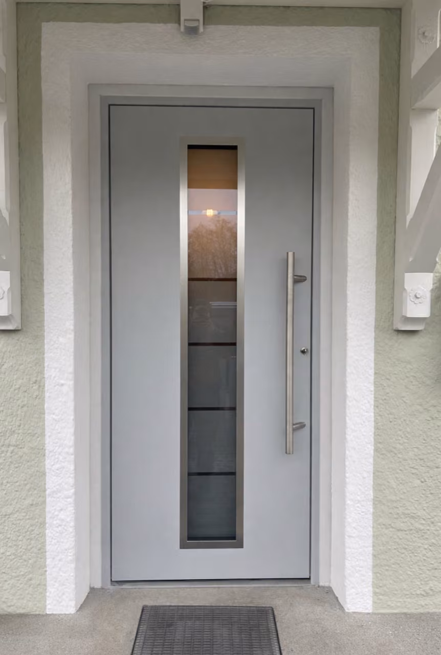 Hellgraue Haustür mit schmalem Glasband und Edelstahl-Stangengriff unter einem Vordach